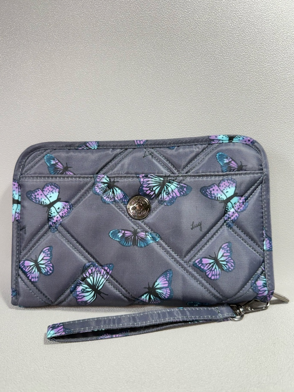 Lug Zeppelin Navy Blue RFID Butterfly-Print Quilted Phone Wristlet